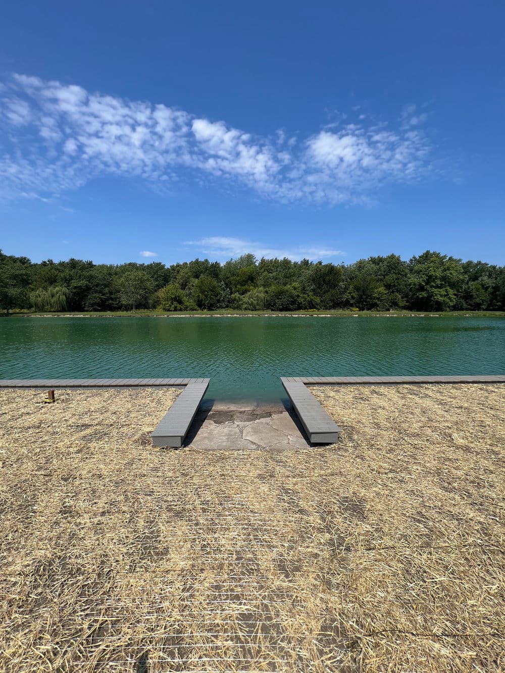 Serene lake view with a wooden dock under a clear blue sky and lush green trees.